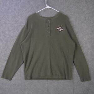 Harley-Davidson Shirt Mens Large Green Henley Thermal Waffle Knit Bar Shield